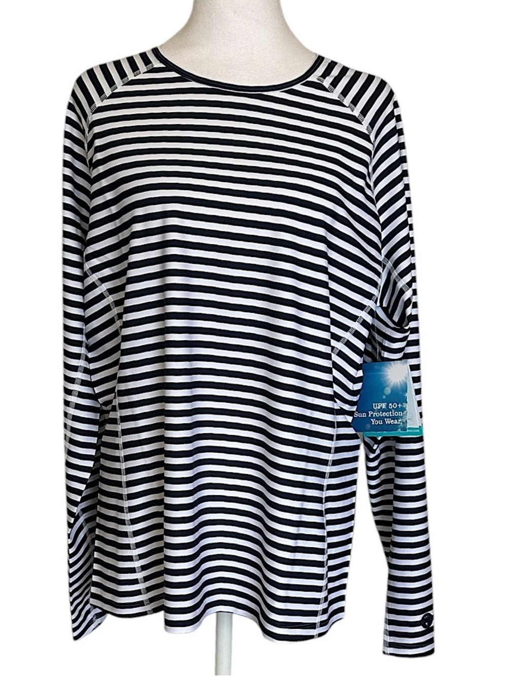 NWT Coolibar Women's Hightide Long Sleeve Swim Shirt White Navy Striped XL